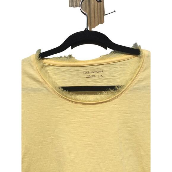 Coldwater Creek womens short sleeve shirt plus size 1X pale yellow fringe cotton - Picture 2 of 10